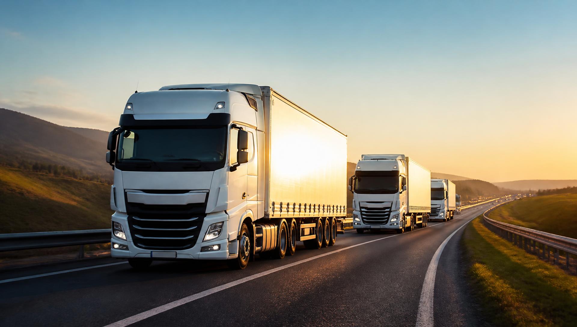Nowoczesne ciężarówki na europejskiej autostradzie o zachodzie słońca